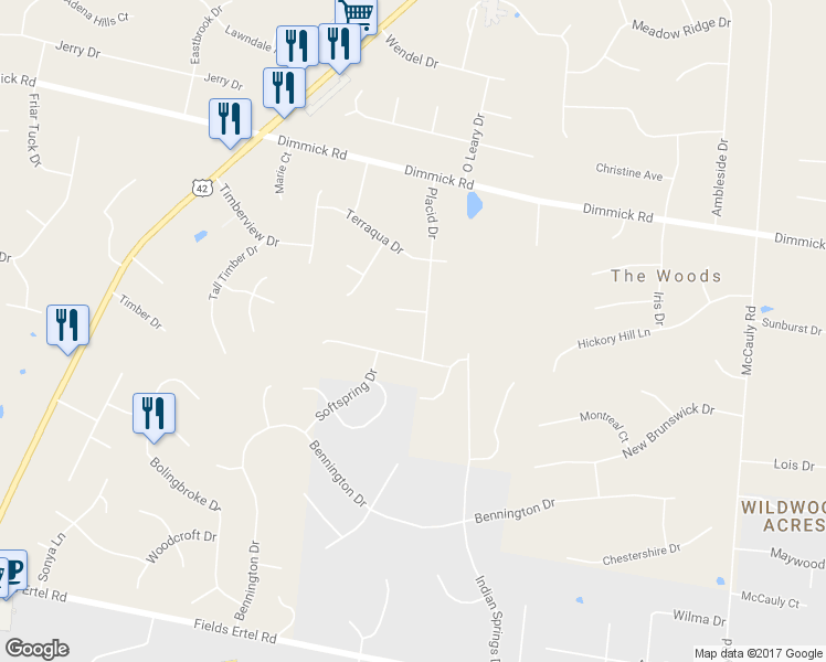 map of restaurants, bars, coffee shops, grocery stores, and more near 9769 Placid Drive in Cincinnati