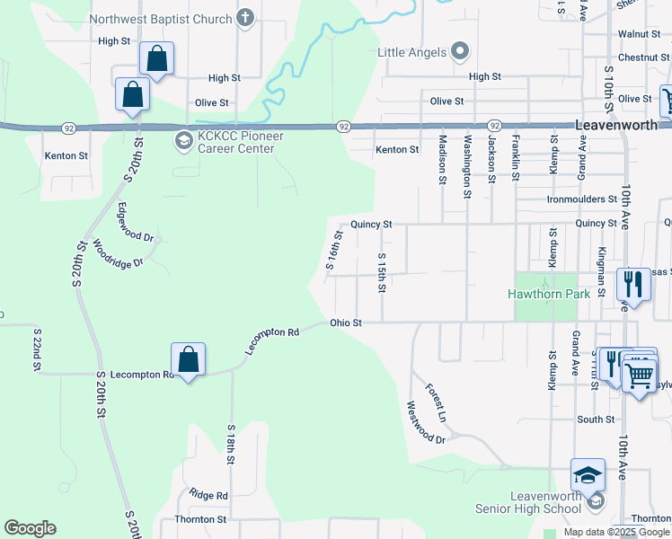 map of restaurants, bars, coffee shops, grocery stores, and more near 1401 South 16th Street in Leavenworth