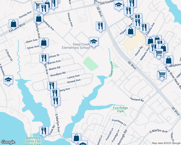 map of restaurants, bars, coffee shops, grocery stores, and more near 966 Lance Avenue in Essex