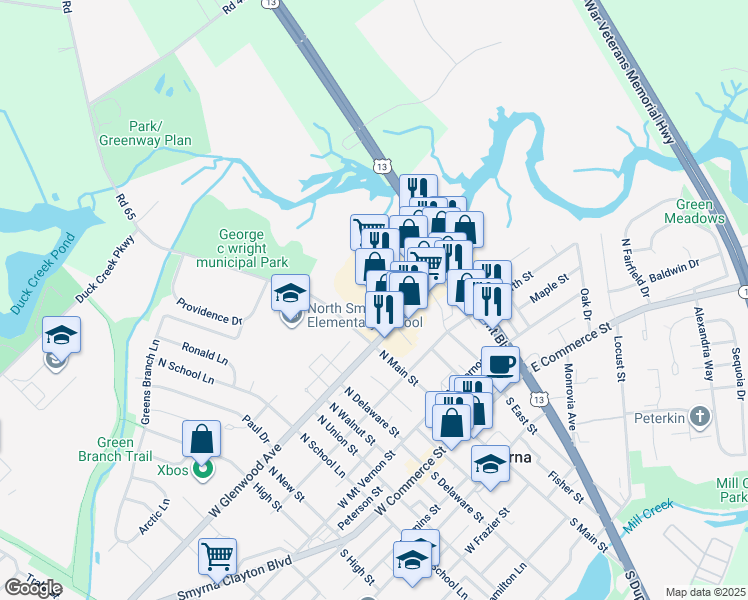map of restaurants, bars, coffee shops, grocery stores, and more near 310 North Main Street in Smyrna