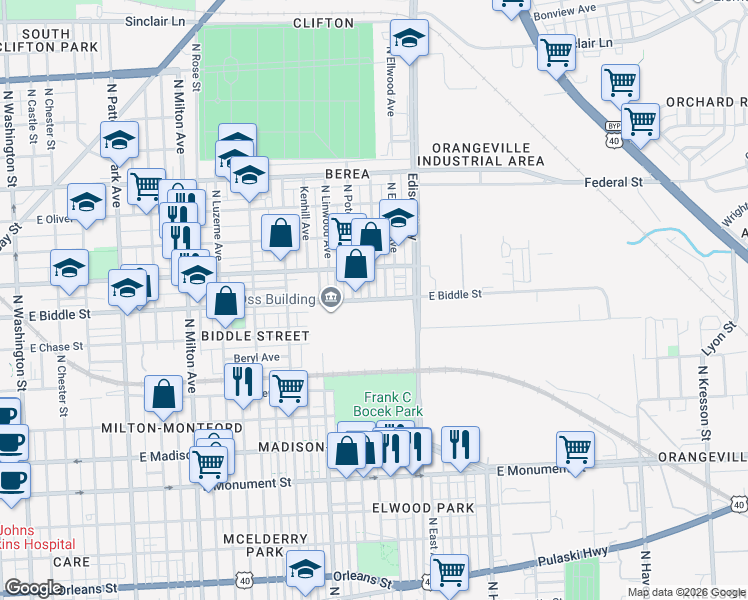 map of restaurants, bars, coffee shops, grocery stores, and more near 2919 East Biddle Street in Baltimore