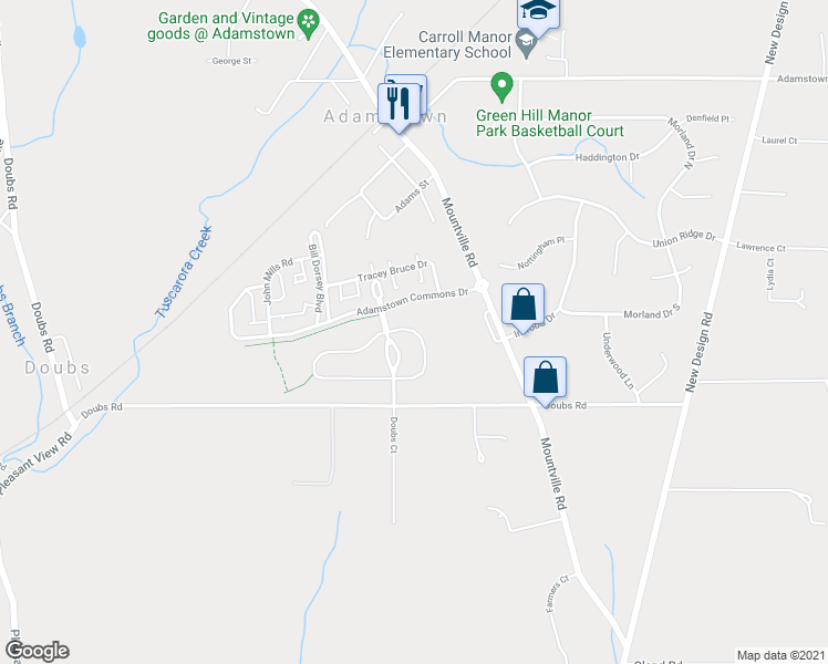 map of restaurants, bars, coffee shops, grocery stores, and more near 5526 Young Family Trail East in Adamstown