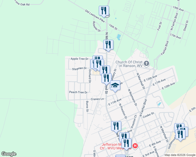 map of restaurants, bars, coffee shops, grocery stores, and more near 205 Ambrose Drive in Ranson