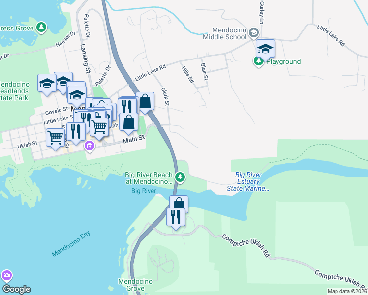 map of restaurants, bars, coffee shops, grocery stores, and more near 44755 Crestwood Drive in Mendocino