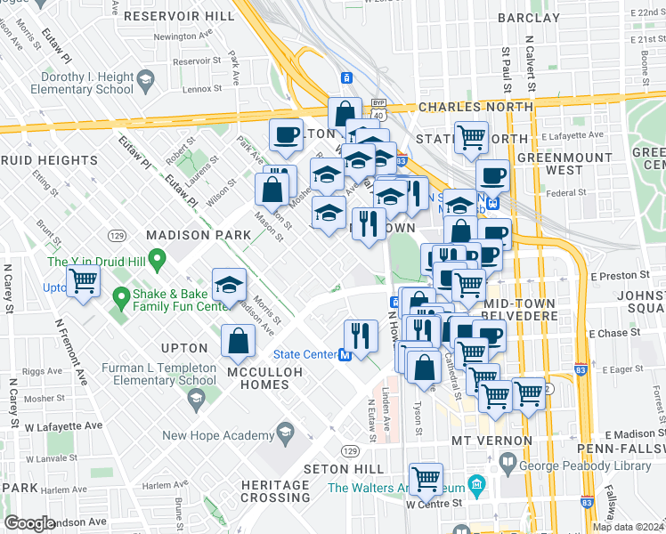 map of restaurants, bars, coffee shops, grocery stores, and more near 1219 Bolton Street in Baltimore