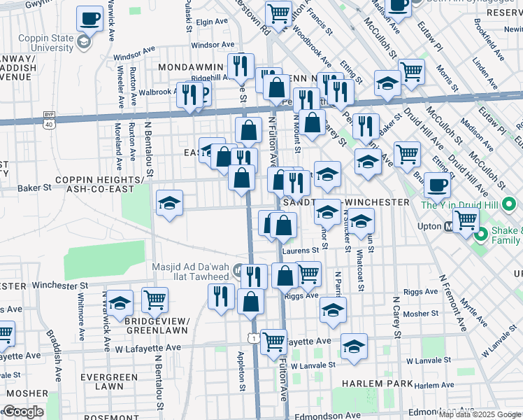 map of restaurants, bars, coffee shops, grocery stores, and more near 1823 Kavanaugh St in Baltimore
