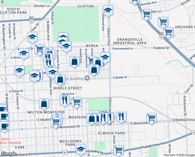 map of restaurants, bars, coffee shops, grocery stores, and more near E Biddle St & N Decker Ave in Baltimore