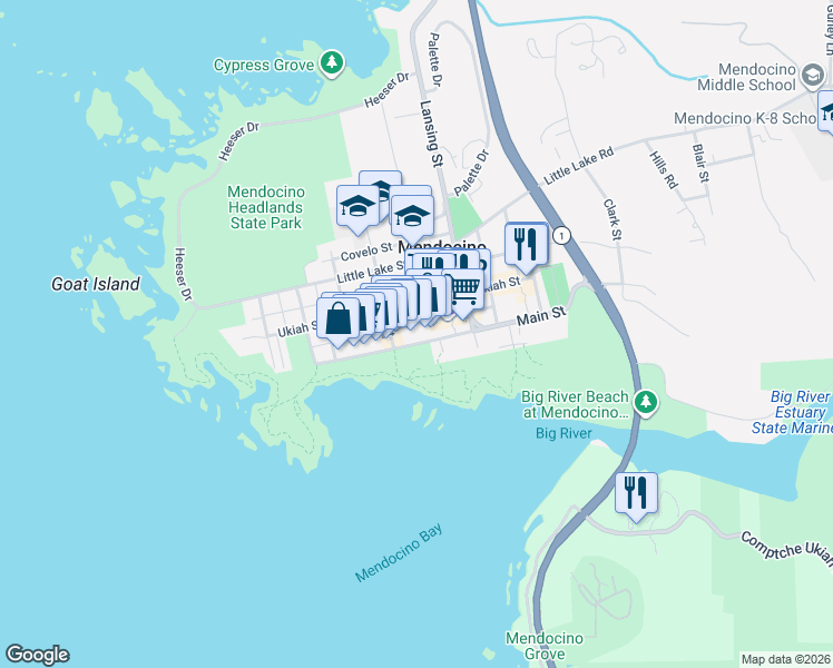 map of restaurants, bars, coffee shops, grocery stores, and more near 45080 Main Street in Mendocino
