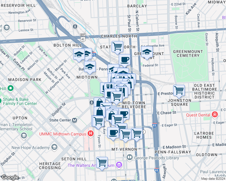 map of restaurants, bars, coffee shops, grocery stores, and more near 1420 North Charles Street in Baltimore