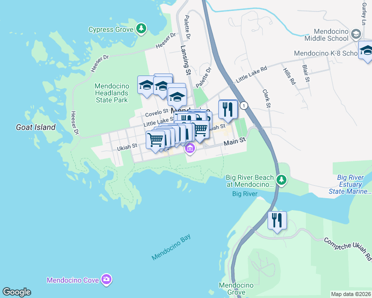 map of restaurants, bars, coffee shops, grocery stores, and more near 45040 Main Street in Mendocino