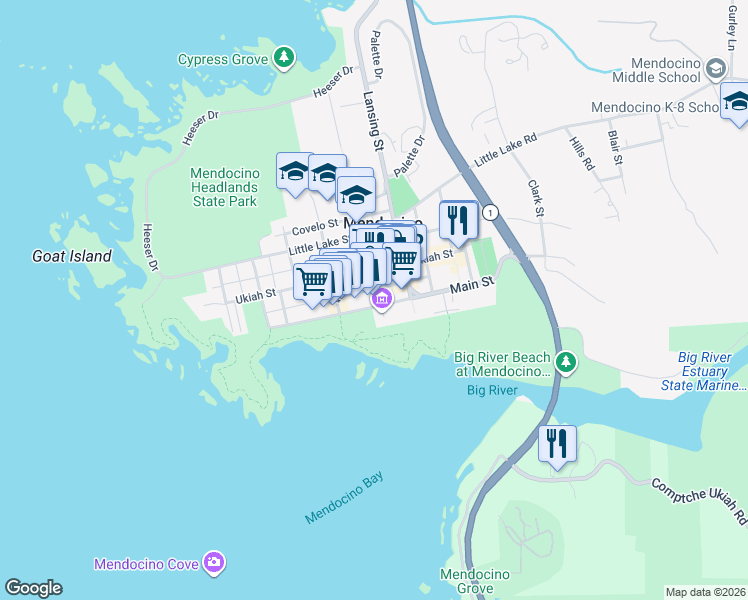 map of restaurants, bars, coffee shops, grocery stores, and more near 45040 Main Street in Mendocino