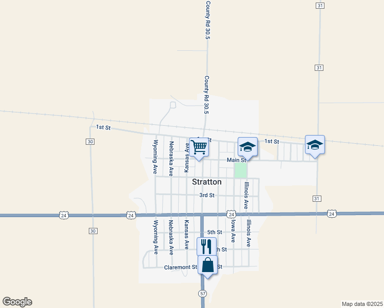 map of restaurants, bars, coffee shops, grocery stores, and more near 213 Kansas Avenue in Stratton