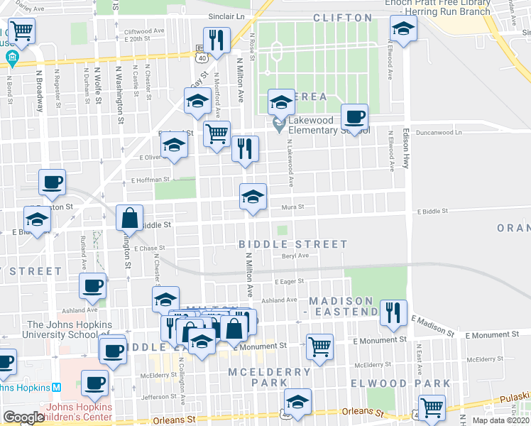 map of restaurants, bars, coffee shops, grocery stores, and more near 1210 North Luzerne Avenue in Baltimore