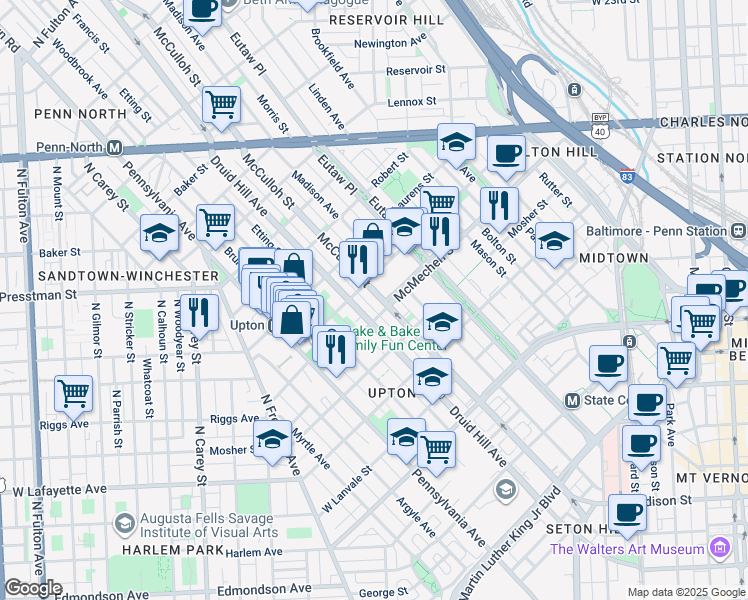map of restaurants, bars, coffee shops, grocery stores, and more near 1614 McCulloh Street in Baltimore