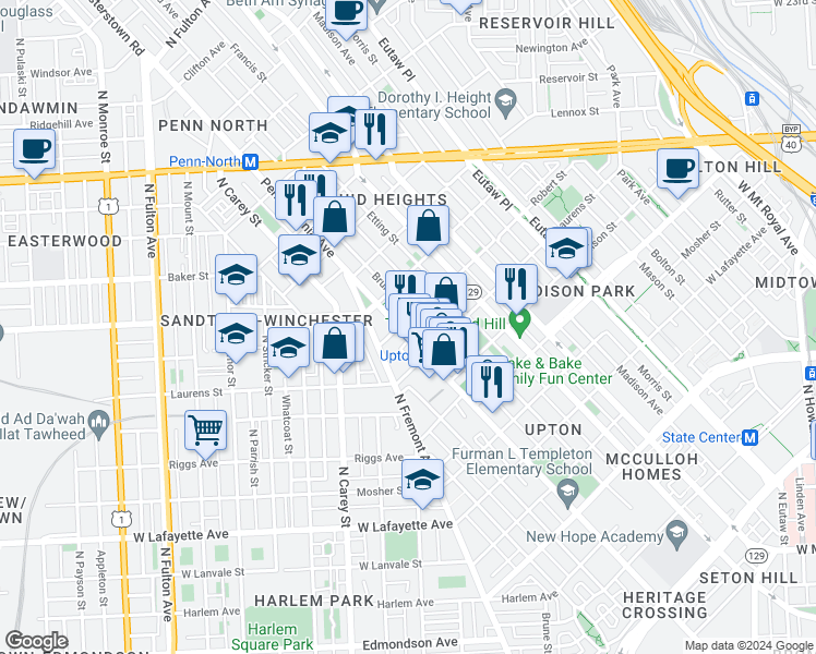 map of restaurants, bars, coffee shops, grocery stores, and more near 1841 Pennsylvania Avenue in Baltimore