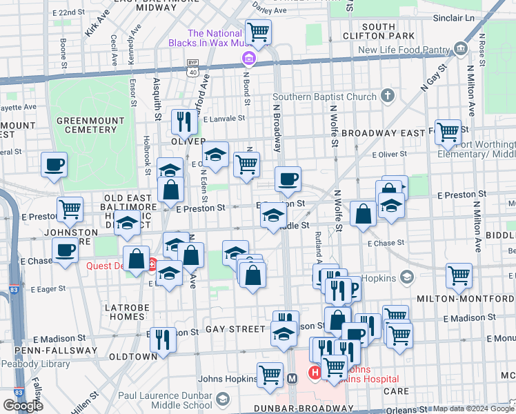 map of restaurants, bars, coffee shops, grocery stores, and more near 101 Independence Avenue Southeast in Washington