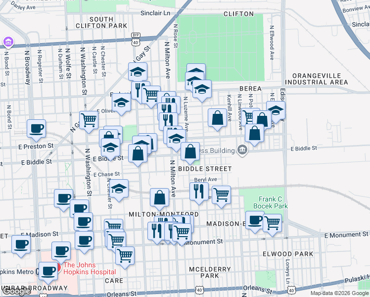 map of restaurants, bars, coffee shops, grocery stores, and more near 1216 North Luzerne Avenue in Baltimore