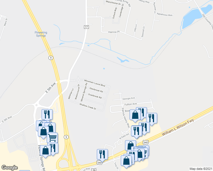 map of restaurants, bars, coffee shops, grocery stores, and more near 285 Mountain Laurel Boulevard in Ranson