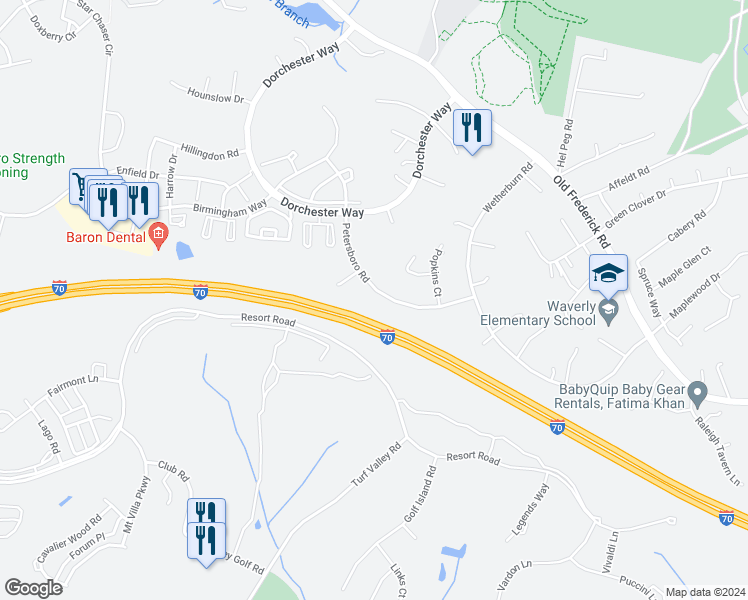 map of restaurants, bars, coffee shops, grocery stores, and more near 10455 Petersboro Road in Woodstock