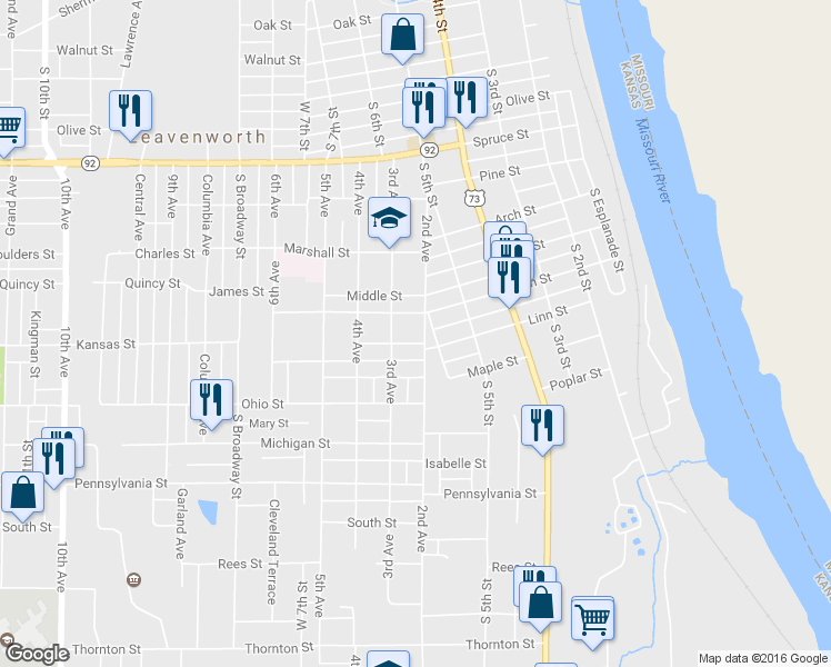 map of restaurants, bars, coffee shops, grocery stores, and more near 1312 2nd Avenue in Leavenworth
