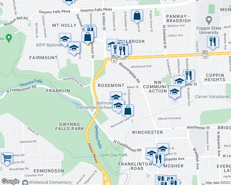 map of restaurants, bars, coffee shops, grocery stores, and more near 1528 North Ellamont Street in Baltimore