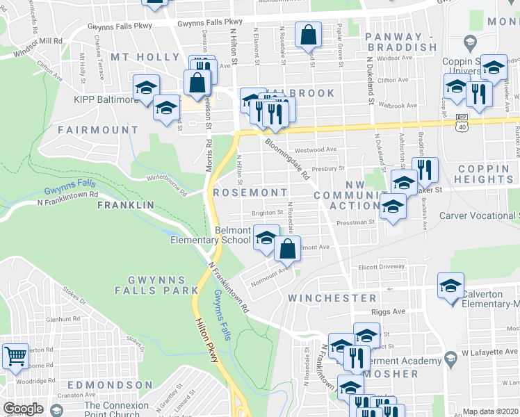 map of restaurants, bars, coffee shops, grocery stores, and more near 1528 North Ellamont Street in Baltimore