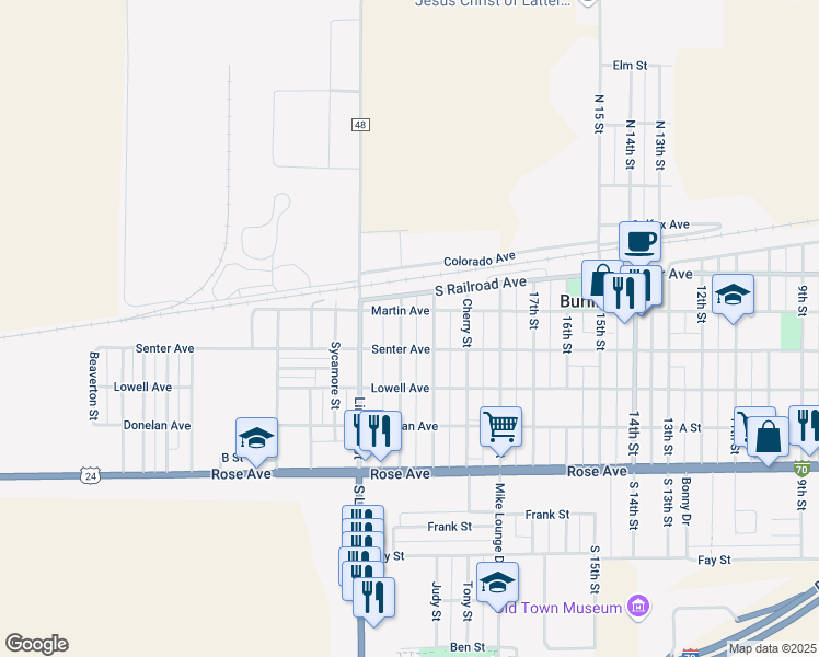 map of restaurants, bars, coffee shops, grocery stores, and more near 555 Pomeroy Street in Burlington