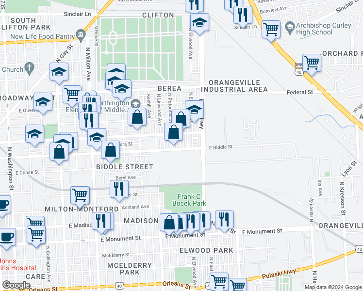 map of restaurants, bars, coffee shops, grocery stores, and more near 1207 North Decker Avenue in Baltimore