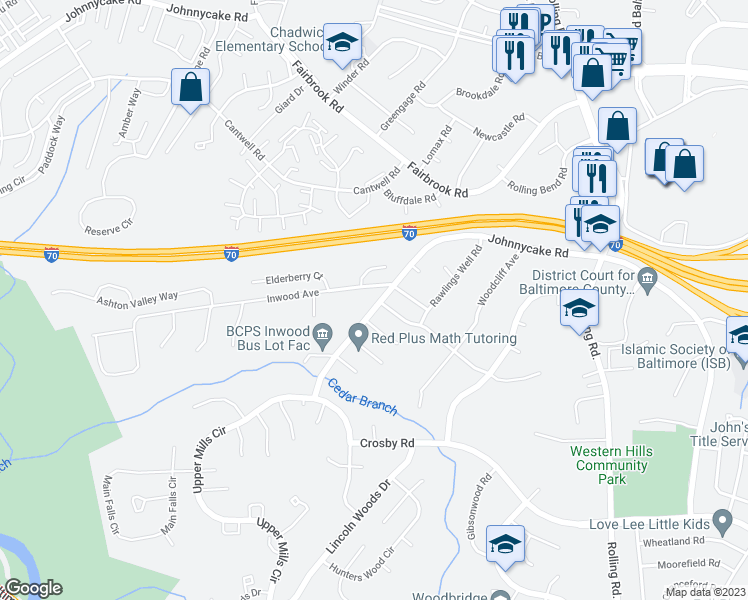 map of restaurants, bars, coffee shops, grocery stores, and more near 7304 Johnnycake Road in Catonsville