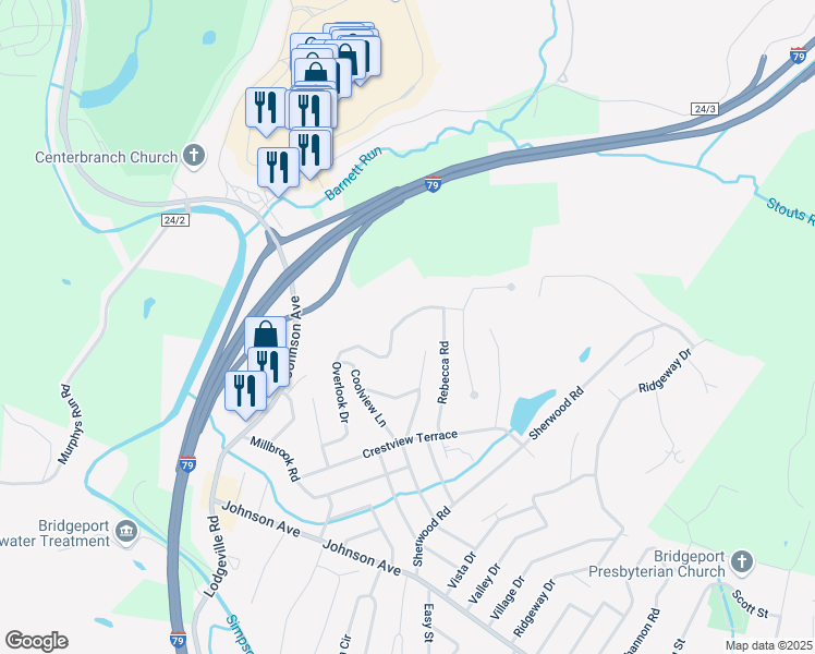 map of restaurants, bars, coffee shops, grocery stores, and more near 28-58 Overlook Drive in Bridgeport
