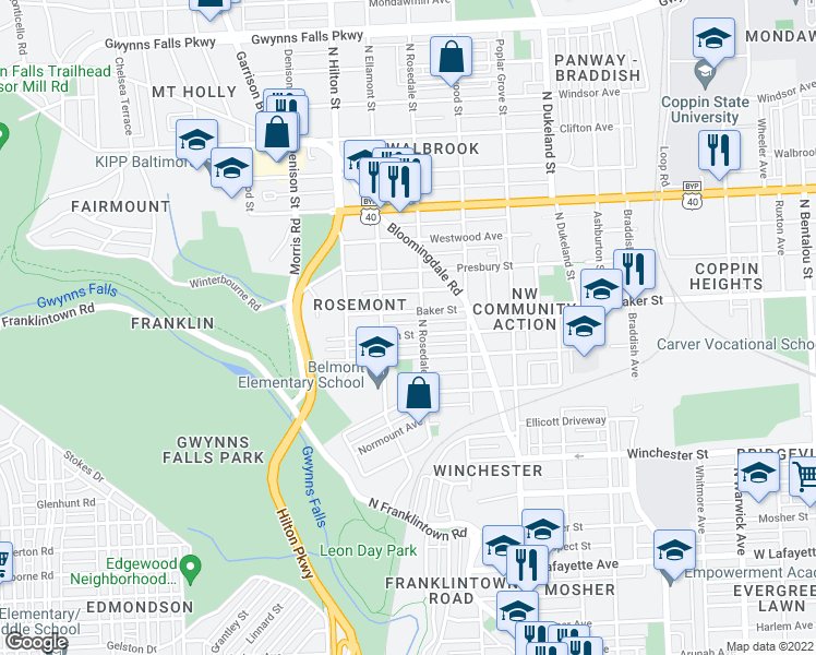 map of restaurants, bars, coffee shops, grocery stores, and more near 3106 Brighton Street in Baltimore