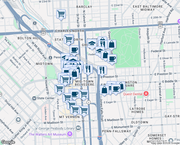 map of restaurants, bars, coffee shops, grocery stores, and more near 213 East Mount Royal Avenue in Baltimore