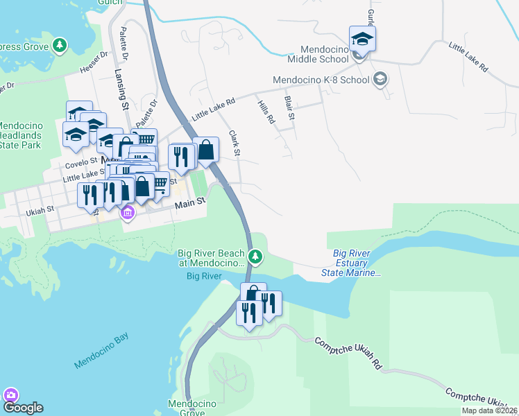 map of restaurants, bars, coffee shops, grocery stores, and more near 44771 Crestwood Drive in Mendocino