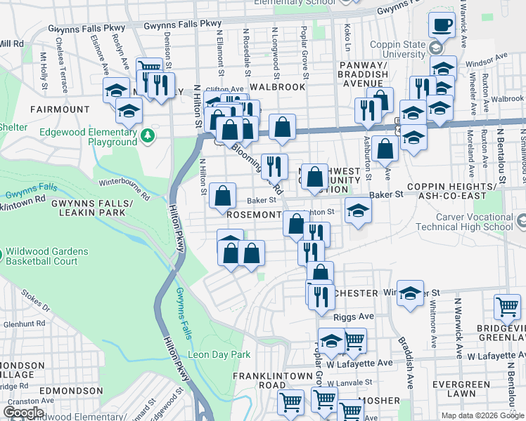 map of restaurants, bars, coffee shops, grocery stores, and more near 3042 Brighton Street in Baltimore