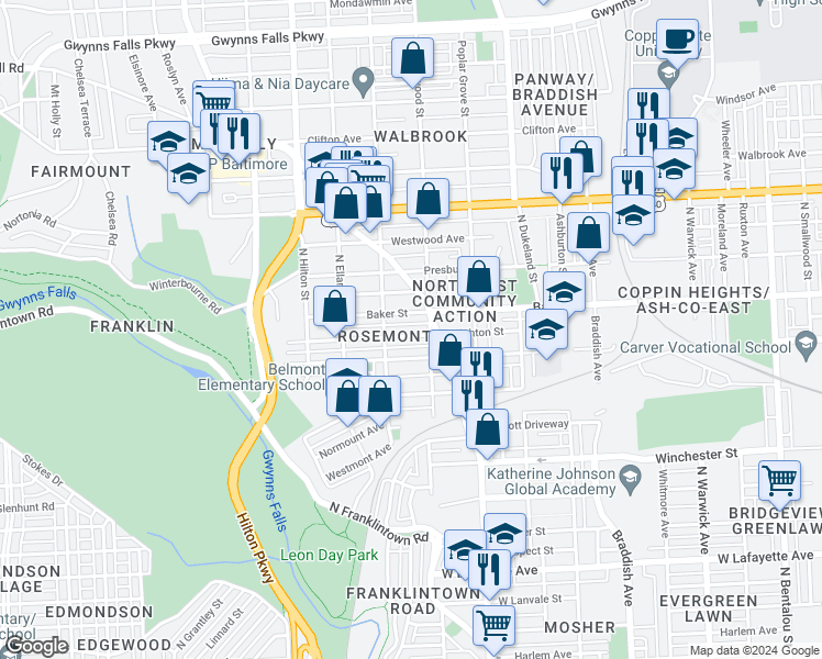 map of restaurants, bars, coffee shops, grocery stores, and more near 3022 Brighton Street in Baltimore