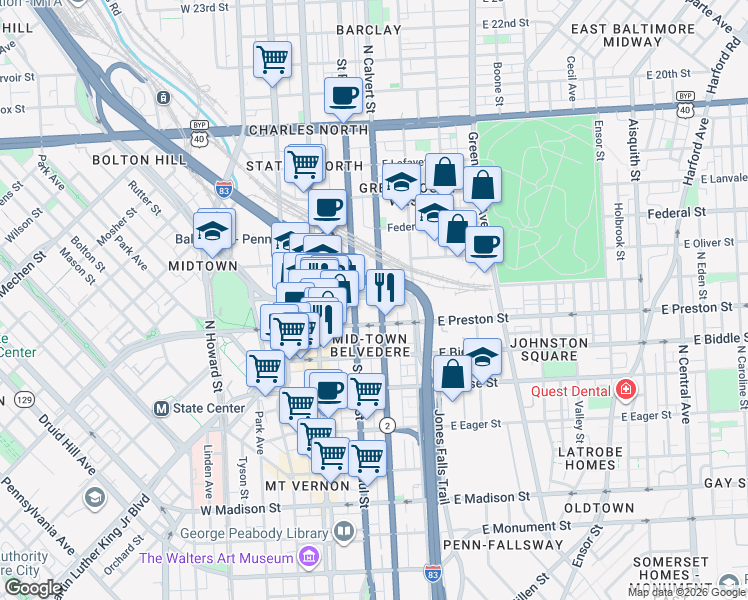 map of restaurants, bars, coffee shops, grocery stores, and more near 0 East Baltimore Street in Baltimore