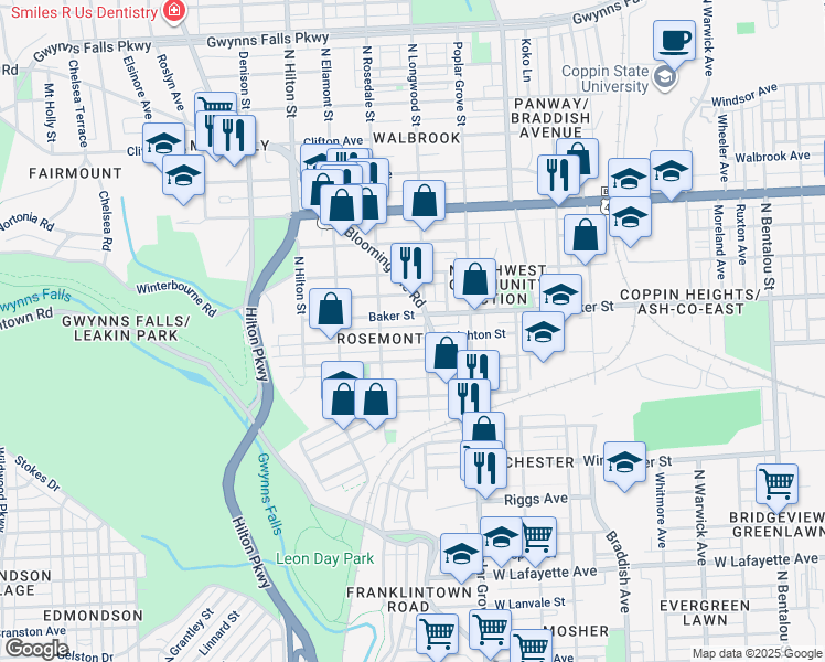 map of restaurants, bars, coffee shops, grocery stores, and more near 3014 Brighton Street in Baltimore