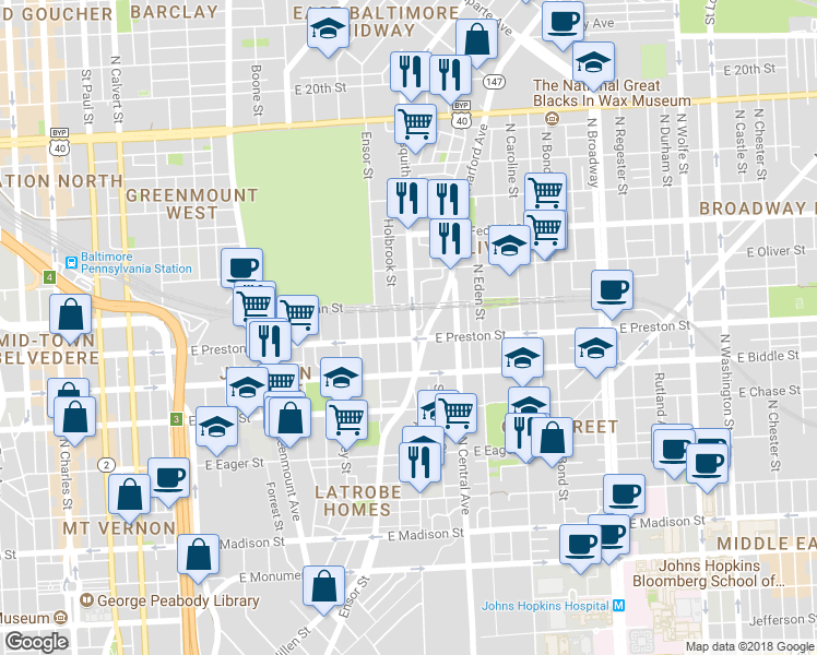 map of restaurants, bars, coffee shops, grocery stores, and more near 1312 Aisquith Street in Baltimore
