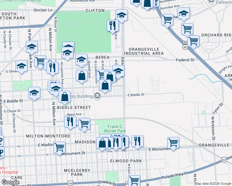 map of restaurants, bars, coffee shops, grocery stores, and more near 1211 North Ellwood Avenue in Baltimore