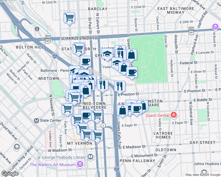 map of restaurants, bars, coffee shops, grocery stores, and more near Guilford Ave & E Mount Royal Ave in Baltimore