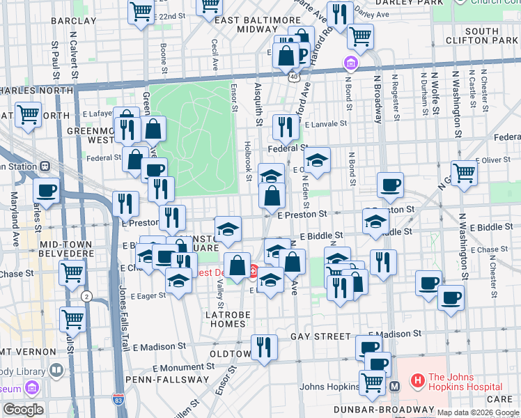 map of restaurants, bars, coffee shops, grocery stores, and more near 1312 Aisquith Street in Baltimore