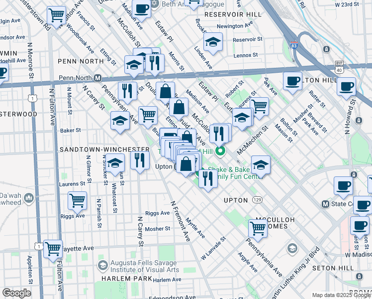 map of restaurants, bars, coffee shops, grocery stores, and more near Division Street in Baltimore