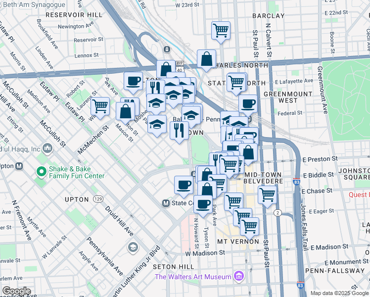 map of restaurants, bars, coffee shops, grocery stores, and more near 1111 Park Avenue in Baltimore