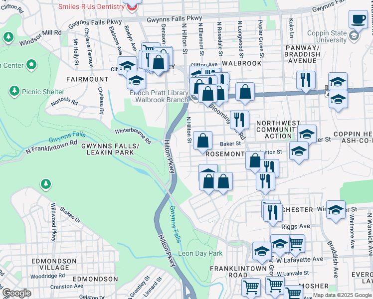 map of restaurants, bars, coffee shops, grocery stores, and more near 1600 North Hilton Street in Baltimore