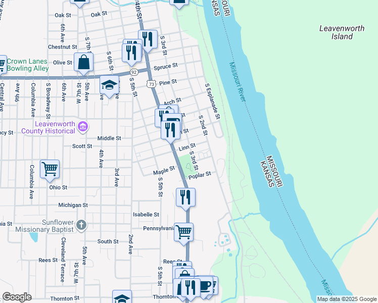 map of restaurants, bars, coffee shops, grocery stores, and more near 316 Linn Street in Leavenworth