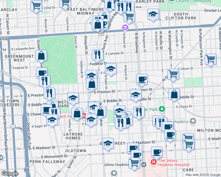 map of restaurants, bars, coffee shops, grocery stores, and more near 1302 North Spring Street in Baltimore