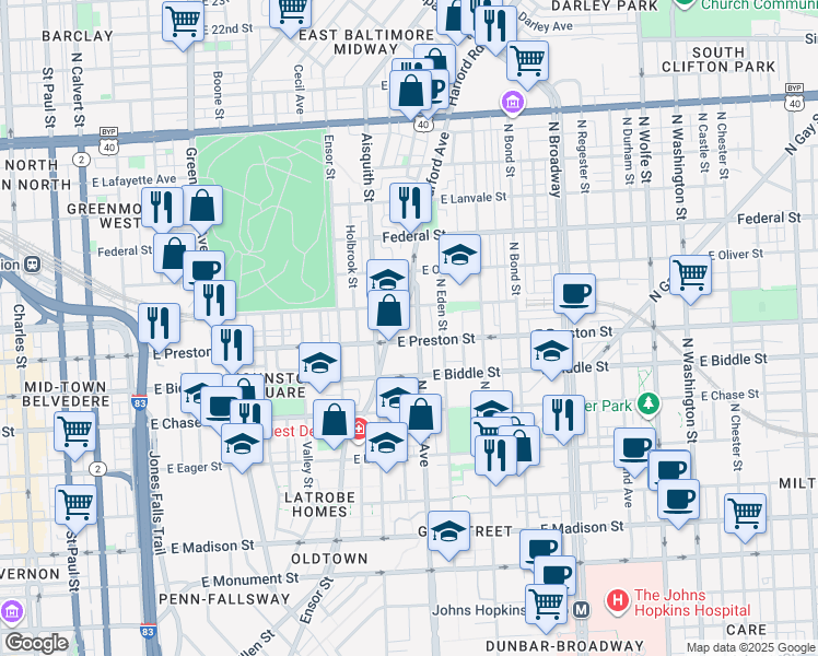 map of restaurants, bars, coffee shops, grocery stores, and more near 1202 East Preston Street in Baltimore