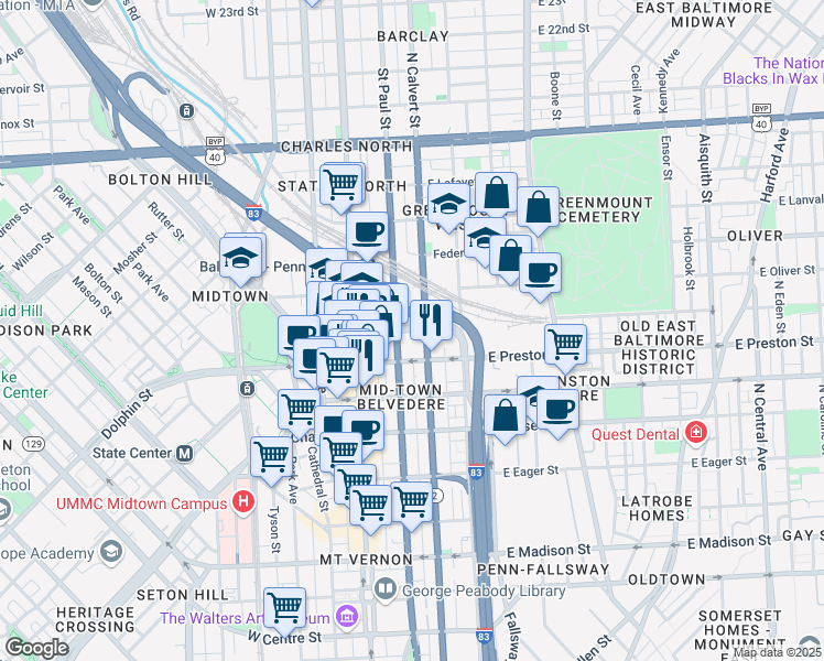 map of restaurants, bars, coffee shops, grocery stores, and more near East Mount Royal Avenue in Baltimore