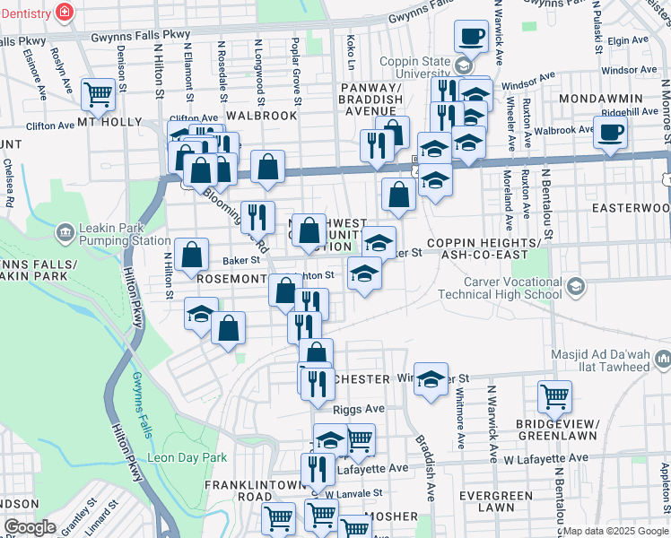 map of restaurants, bars, coffee shops, grocery stores, and more near 2806 Brighton Street in Baltimore