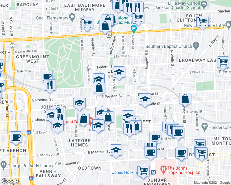 map of restaurants, bars, coffee shops, grocery stores, and more near 1315 North Eden Street in Baltimore